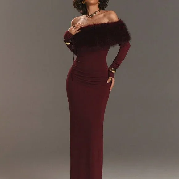 Burgundy Off-Shoulder Long Sleeve Faux Fur Women's Evening Dress - Picture 6 of 7